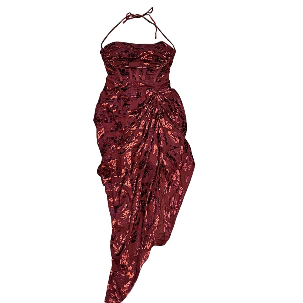 Velvet Burnout Midi Dress Wine Ruched Halter Neck Size‎ S